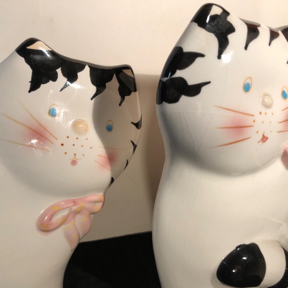 Big ! Set of 2 Vintage Cat 🐈 Figures black & white ceramic Super Cute - Picture 15 of 16